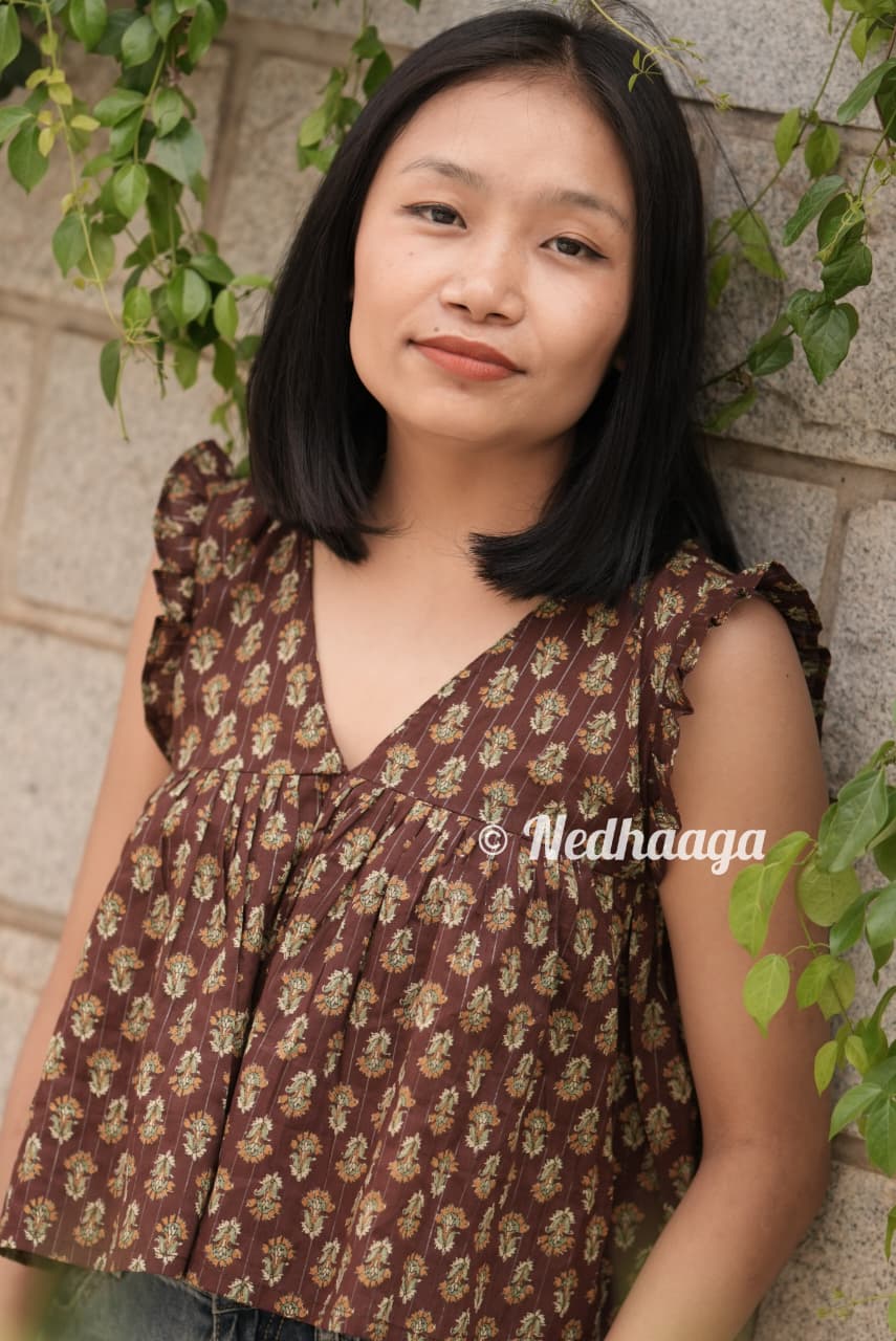 Tamhini – Brown Floral  V-Neck Peplum Top with Ruffle Sleeves