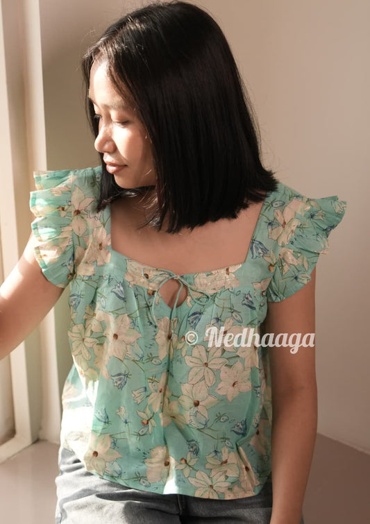 Suhani – Sea Green Floral Cotton Top with Square Neck & Ruffle Sleeves