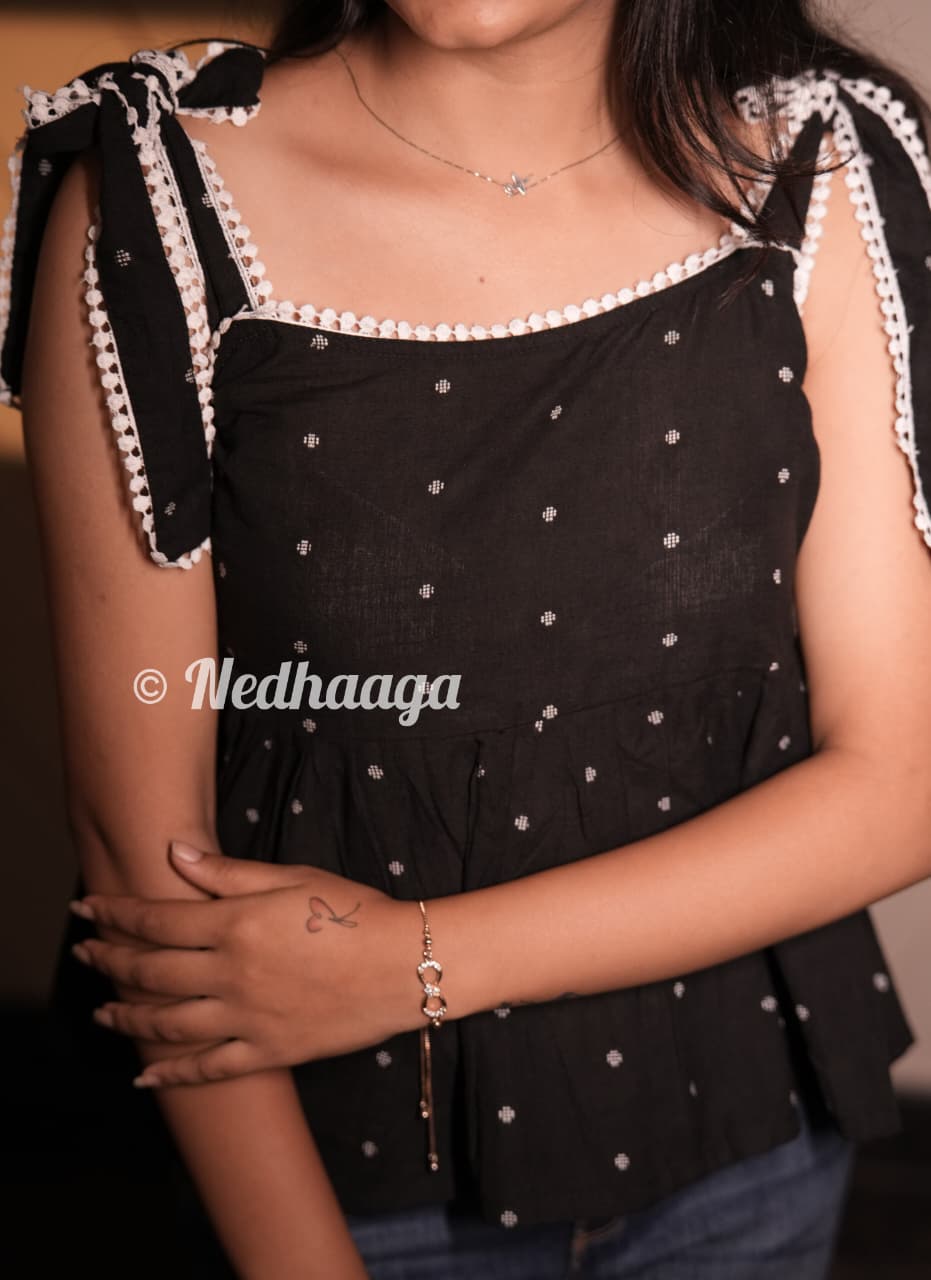 Sitara- Black Peplum Top with Tie-Up Straps