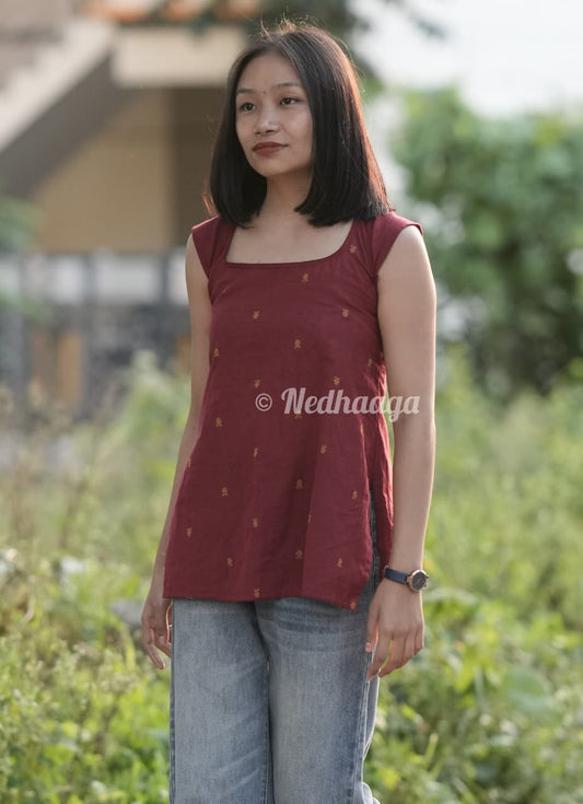 Vistara – Maroon Red Short Cotton Kurti with Corset Back & Mega Sleeves