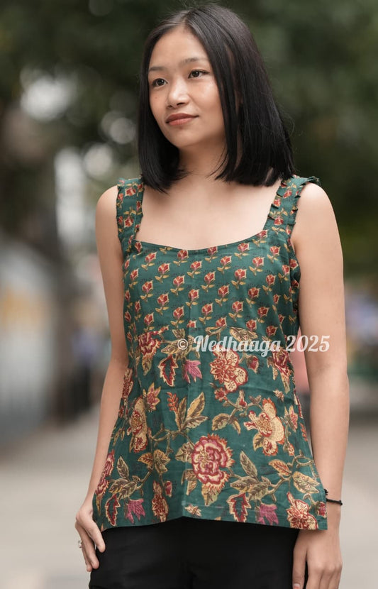 Iraahi-Floral Print Sleeveless Short Kurti with Ruffled Straps