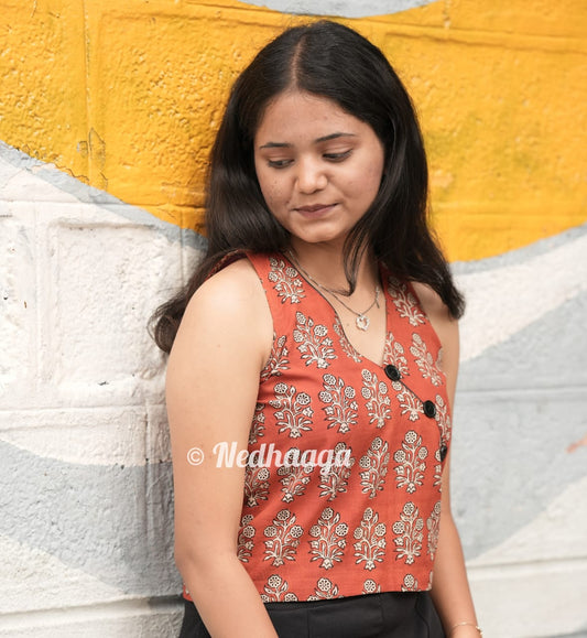 Sahara – Terracotta Ajrak Block Print Sleeveless Crosscut Top