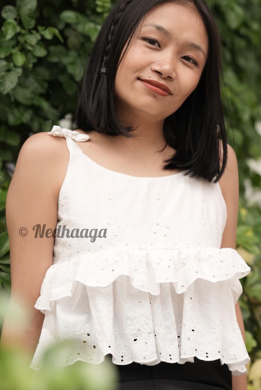 Ivorya –White Hakoba Peplum top with Layered Frills