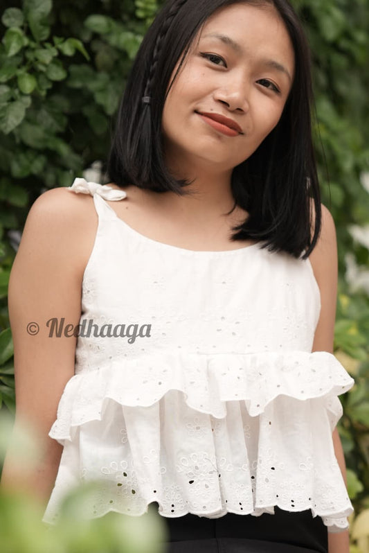 Ivorya –White Hakoba Peplum top with Layered Frills