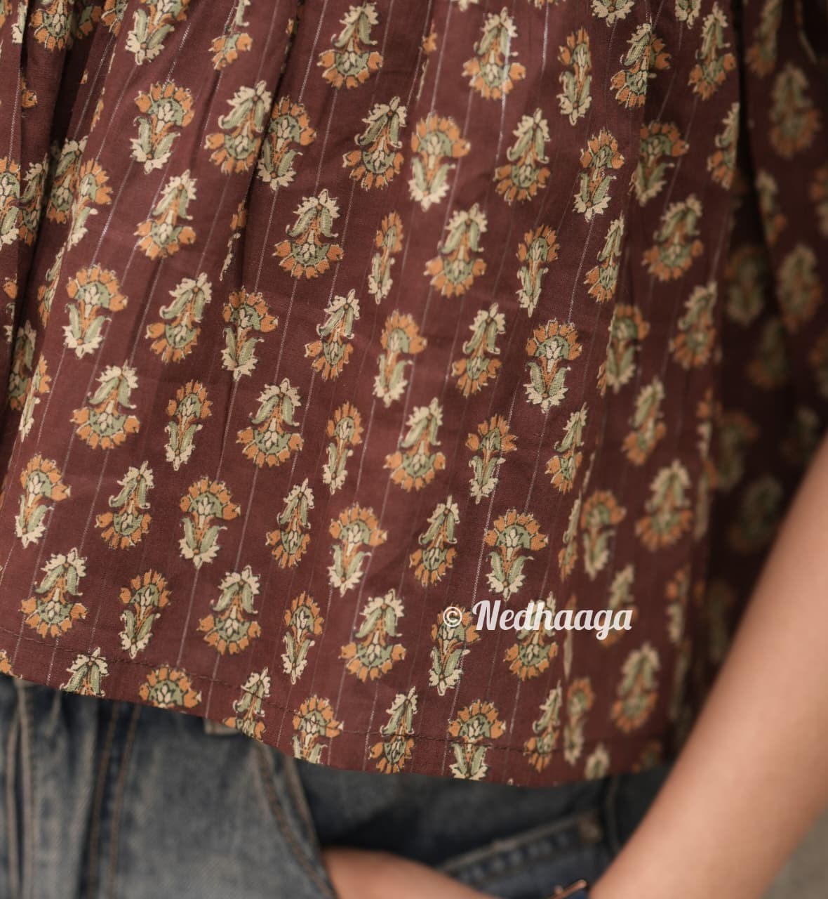 Tamhini – Brown Floral  V-Neck Peplum Top with Ruffle Sleeves