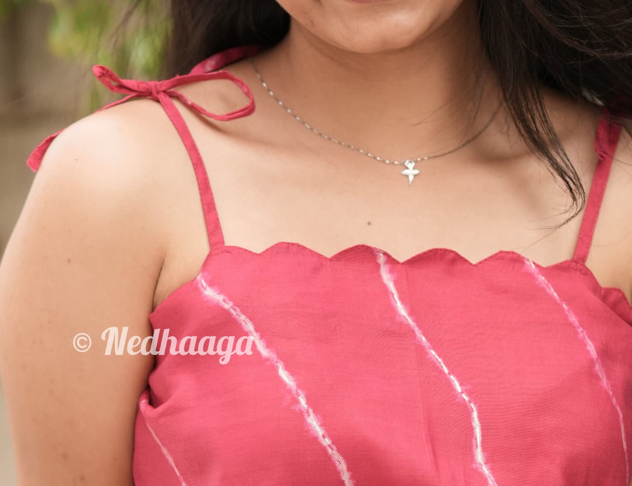 Aurora – Rani Pink Leheriya Muslin Cotton Short Kurti with Tie-Up Straps