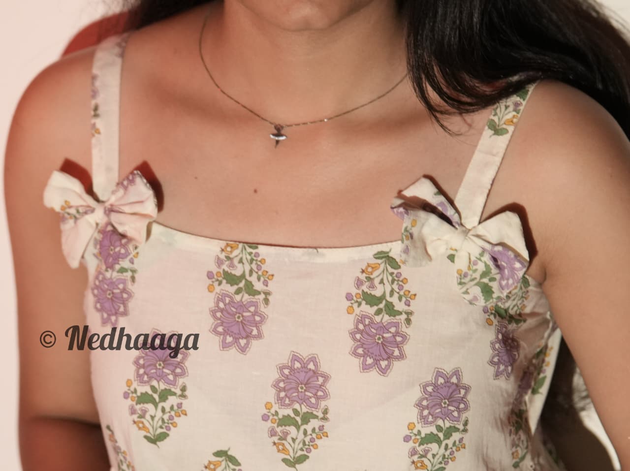 Lillivine – White Cotton Peplum Top with Lavender Floral Print & Bows