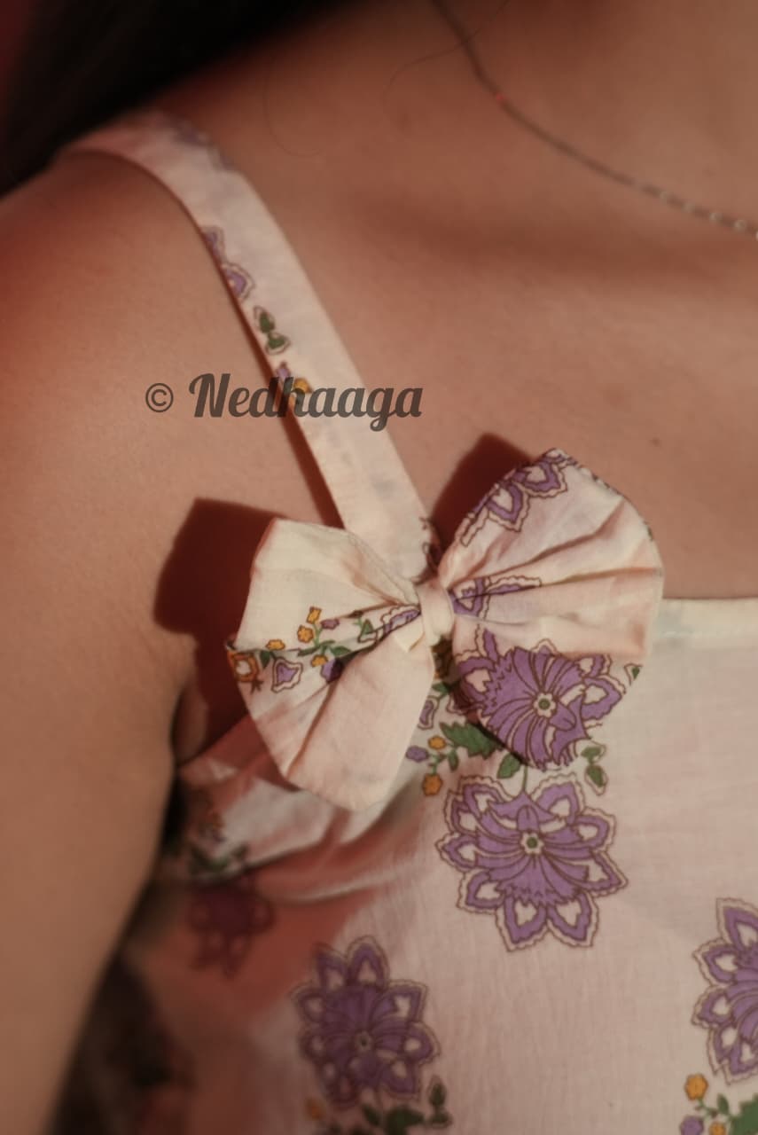 Lillivine – White Cotton Peplum Top with Lavender Floral Print & Bows