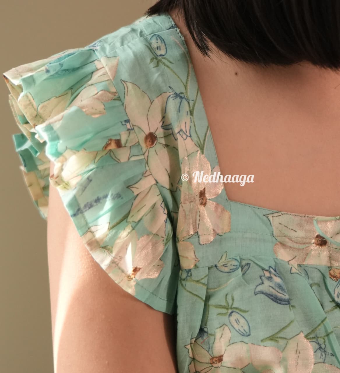 Suhani – Sea Green Floral Cotton Top with Square Neck & Ruffle Sleeves