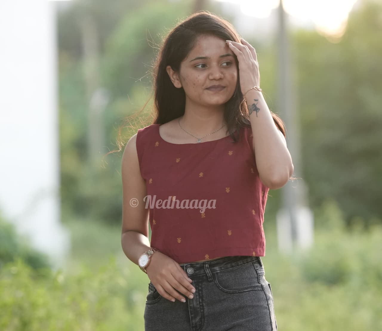 Cherry – Maroon Red Printed Cotton Crop Top with Boat Neck