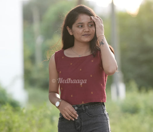 Cherry – Maroon Red Printed Cotton Crop Top with Boat Neck